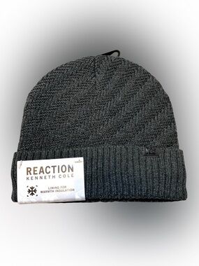 NWT‎ Kenneth Cole Reaction Charcoal Lined Herringbone Knit Beanie Unisex
